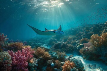 Obraz premium Manta ray gracefully gliding through vibrant coral reef in clear tropical waters during sunlight rays