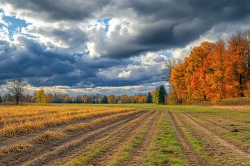 Beautiful autumn landscape with golden fields and vibrant foliage under dramatic clouds