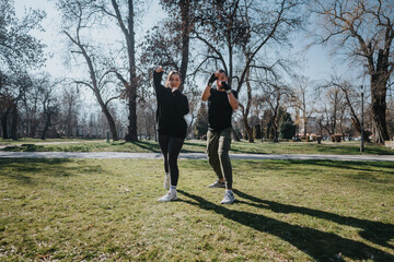 Pair of teenagers practicing boxing techniques outdoors in a park, surrounded by nature, depicting...