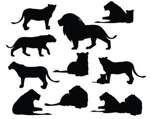 wild african lion pride silhouette set - black and white vector outlines of lying, standing and walking big cats family with baby cubs