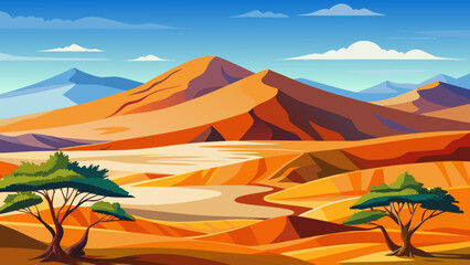 Vector art of vibrant desert landscape featuring sand dunes and acacia trees