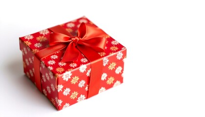Obraz premium A vibrant, wrapped gift box with a red ribbon and bow, presented on a neutral background, evoking a sense of anticipation and celebration