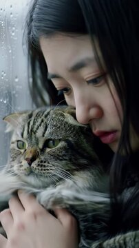 Despondent Young Woman Embracing Tabby Cat by Rain Streaked Window In Anime Style Mood of Comfort and Companionship
