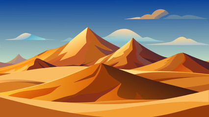 Vector art of golden desert peaks under a bright blue sky with clouds