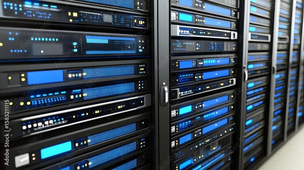 Poster close-up view of server racks with illuminated components.
