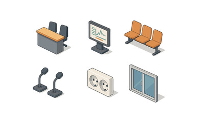 Office furniture and equipment icons with desk, monitor, seating, microphones, socket, window