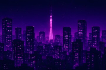Obraz premium Neon purple cityscape at night with a tall tower buildings