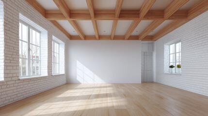 Naklejka premium Empty bright room with wooden floor and ceiling beams, white brick walls, and large windows letting in natural light creating warm and inviting atmosphere