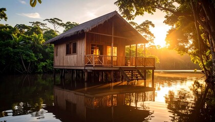 Cabin Over Water at Sunrise Tropical Getaway Reflection