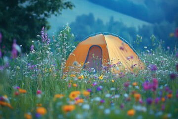 Colorful tent in a lush meadow surrounded by vibrant wildflowers during daylight hours
