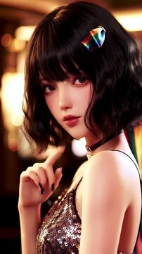 Elegant Anime Style Young Woman with Sparkling Dress and Rainbow Hair Clip Close Up