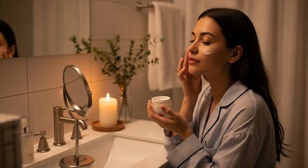 Serene Beauty Ritual: Woman Applying Cream in Candlelit Bathroom