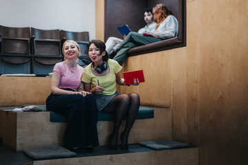A group of people in an open, creative workspace, showcasing collaboration, enjoyment, and productivity. Two women smile proudly at their workstation while others work in a comfortable seating area.