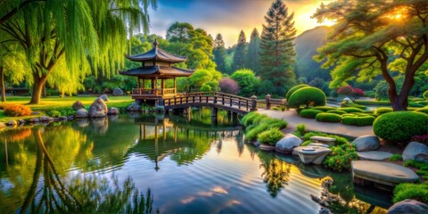 Obraz premium A serene Japanese garden with a traditional pagoda, calm pond, and lush greenery reflecting the beauty of nature