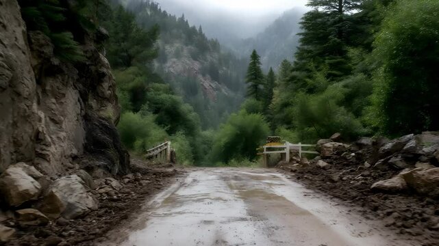 Mountain road blocked by fallen rocks and mudslide
