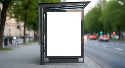 Modern Bus Shelter with Empty Advertising Panel on City Sidewalk in Urban Environment