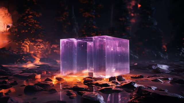 Glowing crystal cube in mystical forest at night with surreal lighting and reflections on wet stones.