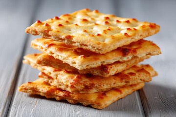 Crunchy crackers stacked neatly on a wooden surface in a cozy kitchen setting