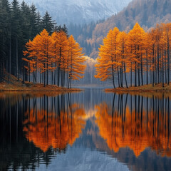 Obraz premium Mountain range overlooks tree-lined lake.