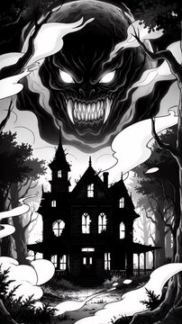 Haunted Gothic Mansion Under Looming Monster Face in Dark Anime Style Black and White Eerie Scene