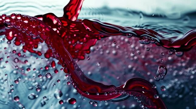 Red Wine Pouring into Water: A vibrant image capturing the dynamic splash of red wine gracefully merging with clear water, showcasing the play of light and texture. 