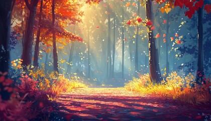 Autumn Nature Landscape of Colorful Forest in Morning Sunlight
