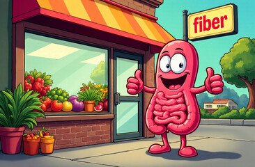 A smiling anthropomorphic intestine stands outside a store with a fiber sign, showing thumbs up. On display are vegetables and fruits rich in fiber. Comic scene with a health food store