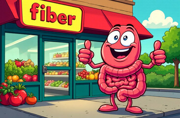 A smiling anthropomorphic intestine stands outside a store with a fiber sign, showing thumbs up. On display are vegetables and fruits rich in fiber. Comic scene with a health food store