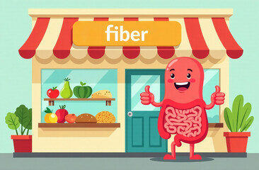 A smiling anthropomorphic intestine stands outside a store with a fiber sign, showing thumbs up. On display are vegetables and fruits rich in fiber. Comic scene with a health food store