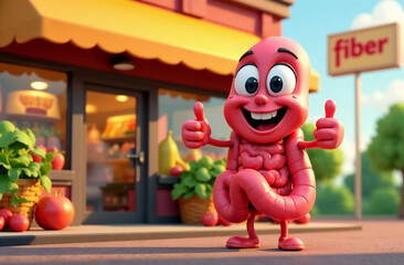 A smiling anthropomorphic intestine stands outside a store with a fiber sign, showing thumbs up. On display are vegetables and fruits rich in fiber. Comic scene with a health food store
