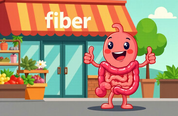 A smiling anthropomorphic intestine stands outside a store with a fiber sign, showing thumbs up. On display are vegetables and fruits rich in fiber. Comic scene with a health food store