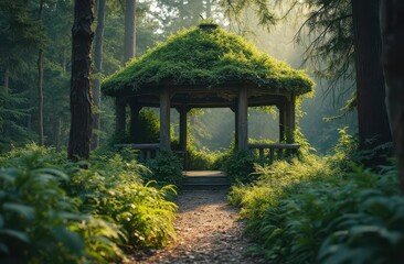 Overgrown wooden gazebo surrounded by tall grass and ferns in a forest. Generative AI