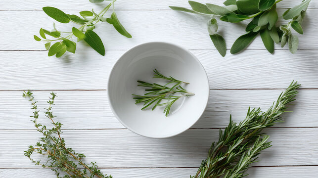Fresh green herbs including rosemary and sage arranged around white bowl on white wooden table, creating natural and calming kitchen scene with top view perspective