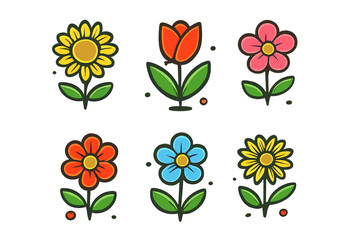 Cute Cartoon Flower Icons Collection: Sunflower, Tulip, Daisy, and More - Vector Illustrations