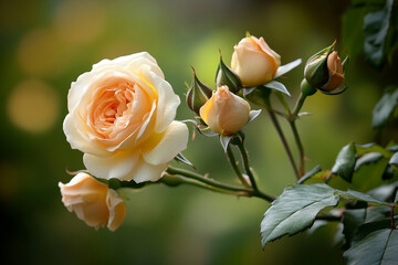 Obraz premium Soft gradient of orange and yellow hues transitions in a blooming garden filled with delicate roses and fresh greenery