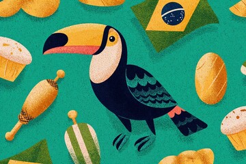 Colorful illustration of a toucan surrounded by Brazilian flags, traditional foods, and festive elements on a green background celebrating Brazil Independence Day