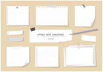 ノート、メモ、付箋の素材セット（白）
