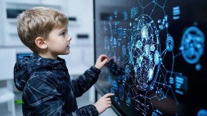 Young boy exploring futuristic digital touchscreen with holographic globe and data, technology interface visualizing network connections and digital - Powered by Adobe