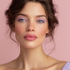Fototapeta premium Beautiful woman showing perfect makeup on pink background