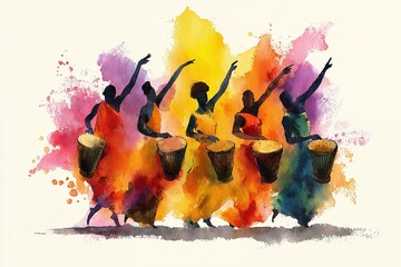 Watercolor painting of five women dancing and drumming in vibrant red, yellow, orange, and purple tones, representing Brazil Independence Day or Latin American cultural celebration