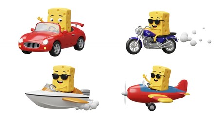 Cheese character in various transportation modes