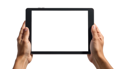 Hand man holding tablet with mockup blank screen isolated on transparent background