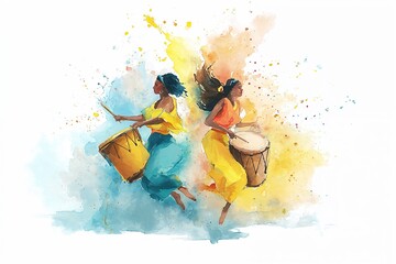 Two women dancing and playing drums with bursts of yellow and blue watercolor paint, representing Brazilian or Latin American Independence celebrations and cultural energy