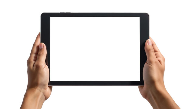 Hand man holding tablet with mockup blank screen isolated on transparent background