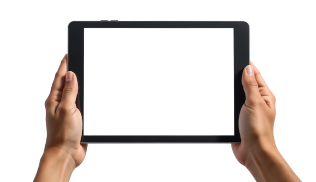 Hand man holding tablet with mockup blank screen isolated on transparent background