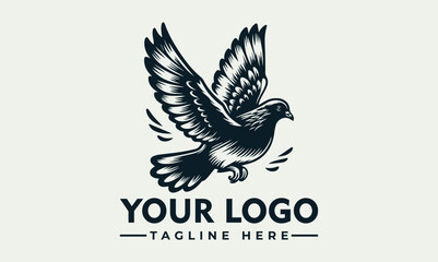 A stylized monochrome pigeon in flight, a logo design featuring detailed wings and a tagline placeholder.