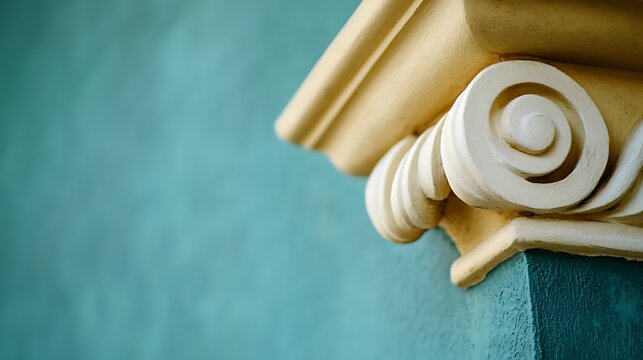 Ornate column capital against teal wall