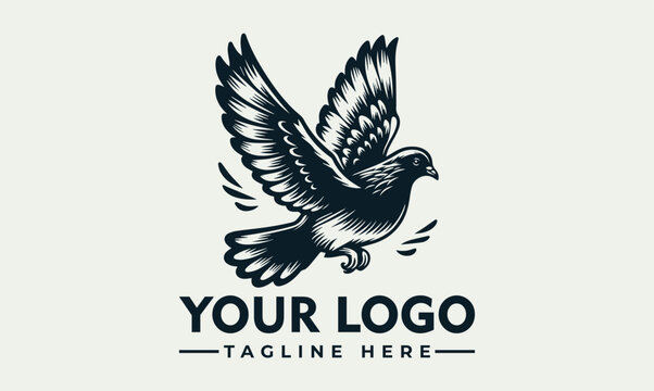 A stylized monochrome pigeon in flight, a logo design featuring detailed wings and a tagline placeholder.