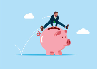 Fototapeta na wymiar Businessman jumping over on piggy bank. Worker employee overcome barrier solve trouble. Inflation and price concept. Modern vector illustration in flat style
