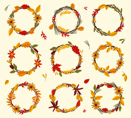 Set of fall frames decorated with fallen tree leaves. Circle wreaths with autumn leaves for wedding invitation, greeting cards, invitations, flyers, sales promotion, etc.
